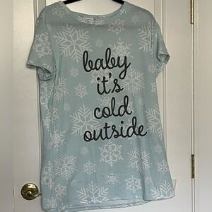LuLaRoe Light Blue Graphic Tee Baby It’s Cold Outside printed
